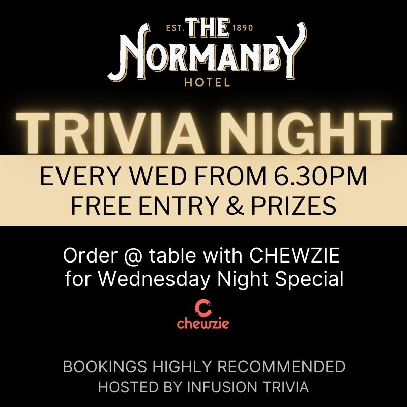 Normanby Hotel trivia night every wednesday. Post shows the details of free entry and prizes.