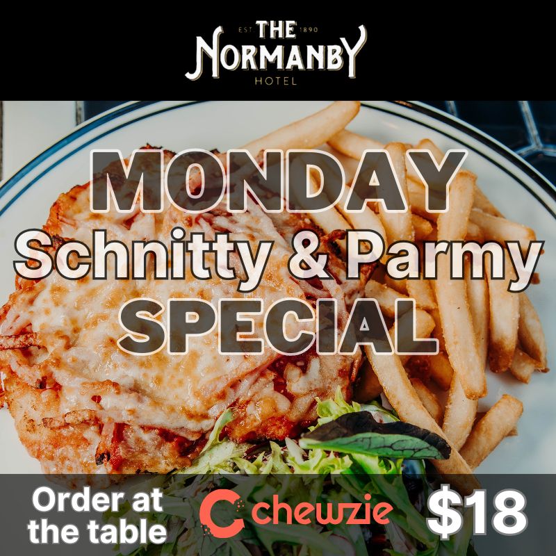 schnitty and parmy special at the normanby hotel on mondays